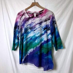 Chico's Womens Rhinestone Sharkbite Hem Tunic Top Blue Pink Size XL Artsy Bold